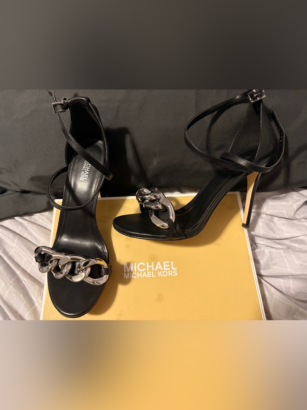 Michael Kors Black Leather Ankle-Strap Heels with Silver Chain